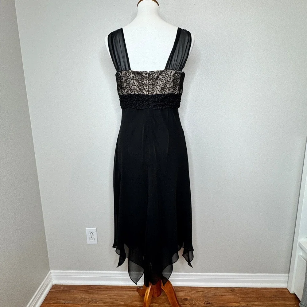 EVAN PICONE Cocktail Black Midi Dress 10 Lace Bodice Handkerchief Hem Formal - Picture 6 of 9